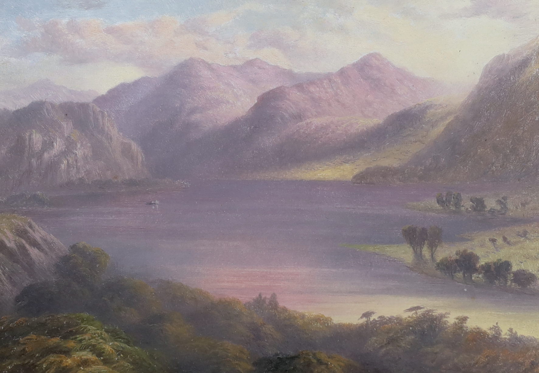 Oil on board, Mountainous lakeside landscape, together with a similar watercolour, each unsigned, largest 20 x 29cm, ornate gilt framed